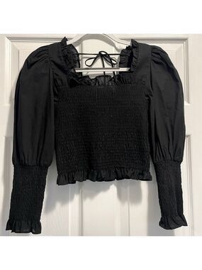 TOPSHOP Women’s Black Smocked Ruffled Puff Long Sleeve blouse Top Size 4 NWOT